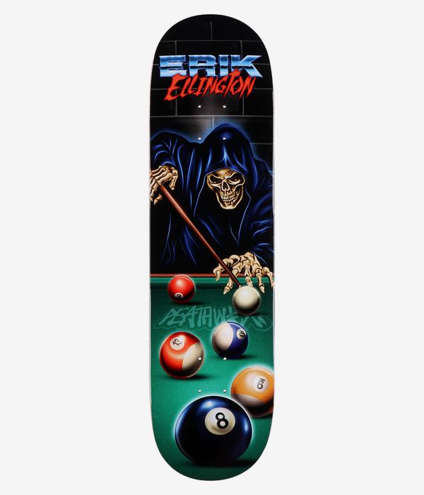 Deathwish Ellington Pool Reaper 8.25" Skateboard Deck, full bottom view: green felt–colored field with illustrated blue‑hooded reaper skull, skeletal hands holding a diagonal pool cue, scattered billiard balls and red “Ellington” script. Clean Studio image; white background.