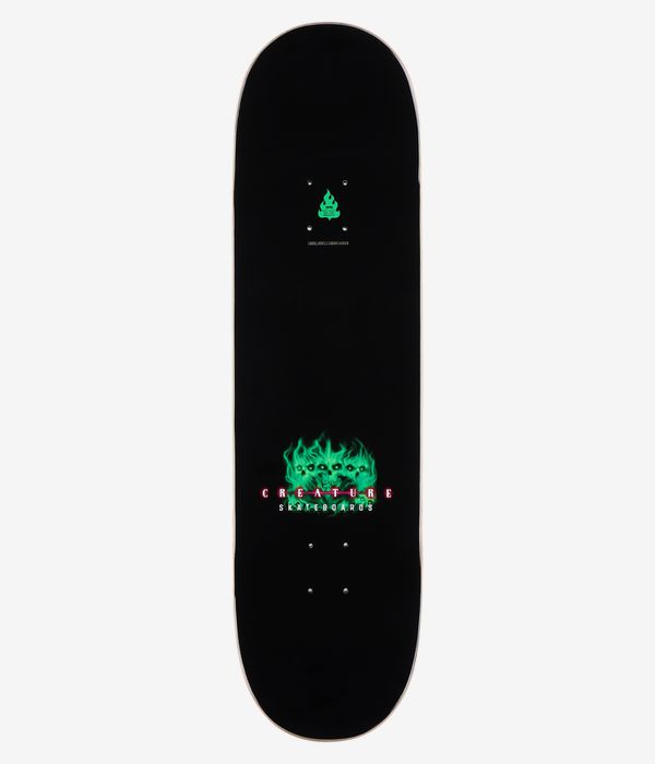 Creature Worthington Terror Sight Pro 8,75"-Skateboard-Deck, Ansicht von oben: komplett schwarzes Deck mit einer mittig angeordneten neongrünen Flammengrafik, die stilisierte Totenköpfe bildet, sowie dem Schriftzug „Creature Skateboards“ in Pink; kleines grünes Logo darüber; klares Studiobild; weißer Hintergrund