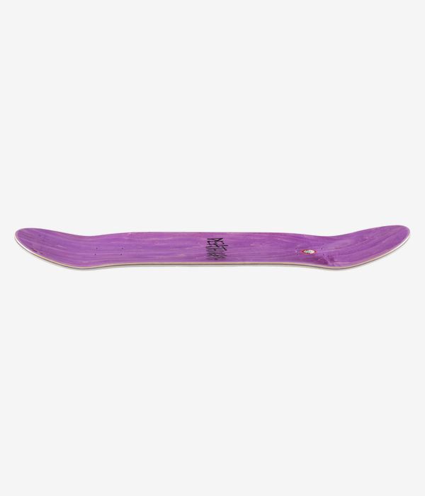 Deathwish Ellington Classic V2 8.475" skateboard deck — full-length profile view showing concave, upturned nose and tail; solid purple deck surface with thin white edge/ply accent. Clean studio image; white background.
