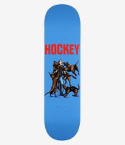 Planche de skateboard « HOCKEY Fitzgerald Incoming Shape #1 » de 8,25 pouces, vue de dessous : planche bleu clair avec un grand logo « HOCKEY » rouge en haut et, au centre, une illustration représentant un homme en chemise foncée et en jean bleu, entouré d'une meute de chiens bruns. Image de studio nette ; fond blanc.