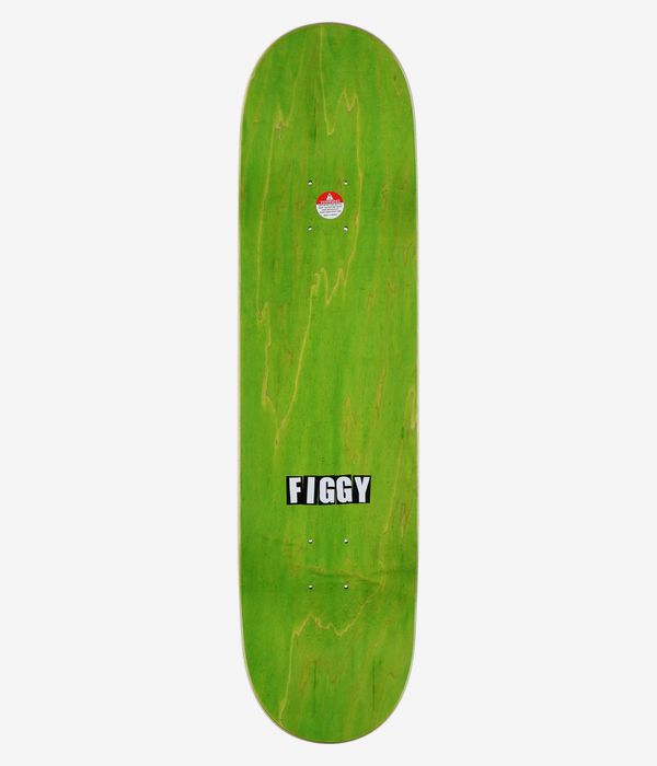 Baker Figgy Day Ross B2 8,25"-Skateboard-Deck, Ansicht von oben – hellgrün gebeizte Oberfläche in Holzoptik mit einem mittig angeordneten schwarzen rechteckigen Schriftzug „FIGGY“ und einem kleinen rot-weißen runden Aufkleber im oberen Bereich. Sauberes Studiofoto; weißer Hintergrund.