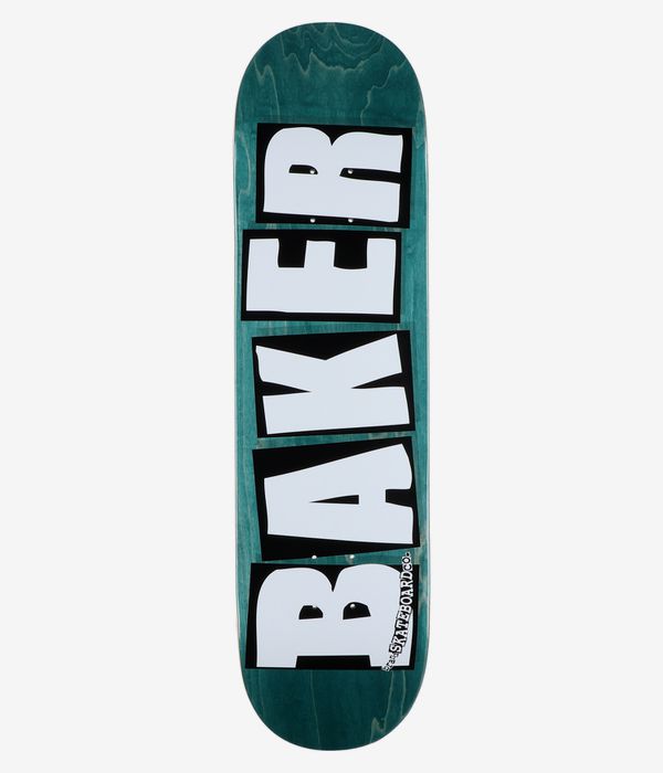 Baker Brand Logo B2 CC 8.5" Skateboard Deck, full bottom view showing teal-stained wood grain base with stacked white block-letter logo panels outlined in black reading "Baker Skateboards". Clean studio image; white background.