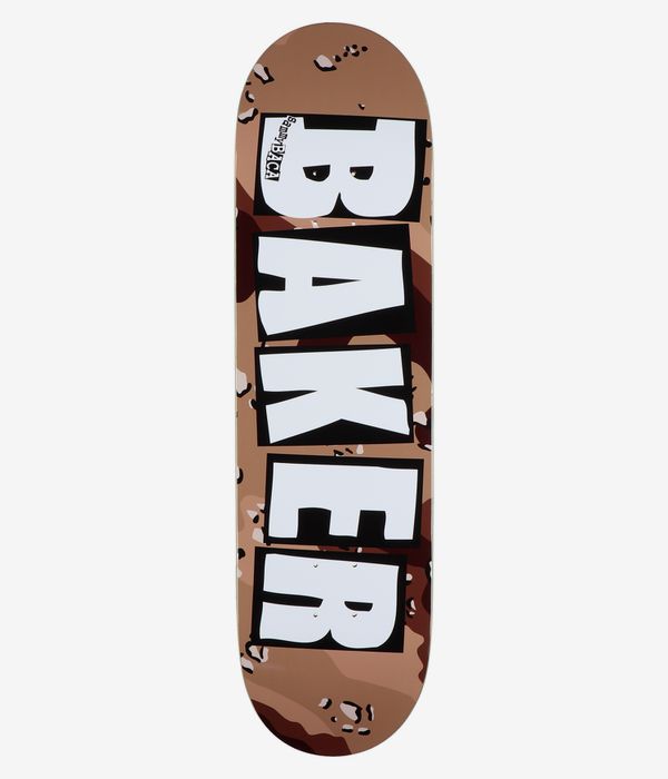 Baker Baca Brand Logo Desert Storm 8,475" Skateboard-Deck, Ansicht von unten: beiger Hintergrund im Wüsten-Camouflage-Design mit braunen und dunkelgrünen Formen sowie einem übergroßen weißen „Baker“-Logo in Blockbuchstaben mit schwarzen Konturen, mittig auf dem Deck platziert. Sauberes Studiobild; weißer Hintergrund.