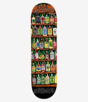 Planche de skateboard Deathwish Ellington « Have a Drink on me » (réédition, 8,5 pouces) — vue de dessous montrant une planche blanche ornée d’un graphisme coloré de style bande dessinée : des rangées de bouteilles d’alcool illustrées en vert, orange et rouge sur des étagères en bois, le texte « Erik Ellington » en gros caractères en haut et le logo « Deathwish » de style graffiti en bas. Image studio nette ; fond blanc.