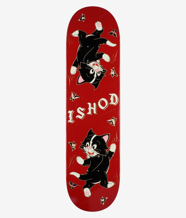 Real Ishod Kitten Scratch Twin Tail 8,25"-Skateboard-Deck, Ansicht von unten: einheitlich rote Unterseite mit großen schwarz-weißen Comic-Katzen, rosa Akzenten, cremefarbenem „ISHOD“-Schriftzug und kleinen Blumen- und Schmetterlingsmotiven. Sauberes Studiobild; weißer Hintergrund
