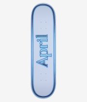 April OG Logo 8,38" Skateboard-Deck, Ansicht von unten: blasshellblaues Deck mit großem, mittig geprägtem, marineblauem „April“-Logo in Schriftzugoptik und dunklerer doppelter Umrandung; klares Studiobild, weißer Hintergrund.