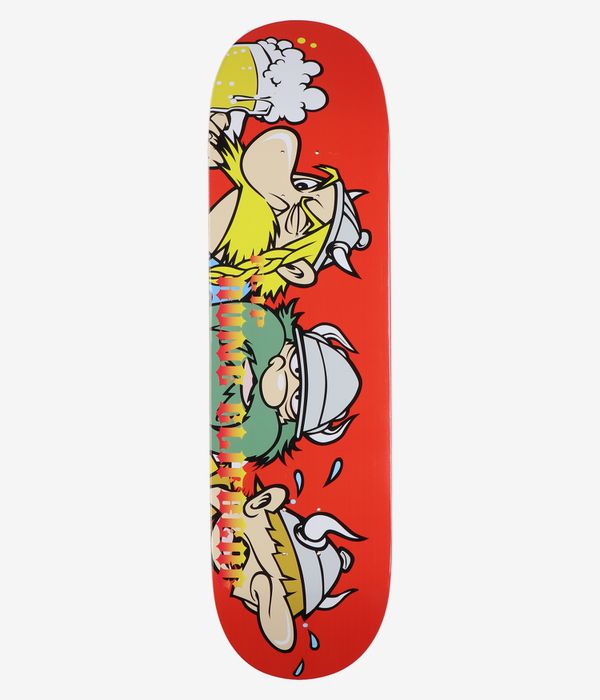 Flip Glifberg Viking 8.6" Skateboard Deck full bottom view — solid red deck underside with a vertical trio of colorful cartoon Viking faces (yellow hair, white horned helmets, green beards) and a top figure holding a foaming beer mug; faint vertical "Flip" brand text at left. Clean Studio image; white background.