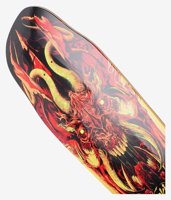 Vue détaillée d'un détail de la planche de skateboard Santa Cruz Winkowski Primeval Pro Shaped 10,34" — fond noir orné d'un crâne démoniaque illustré en gros plan, de cornes jaunes recourbées et de flammes rouge-orange ; image studio nette ; fond blanc