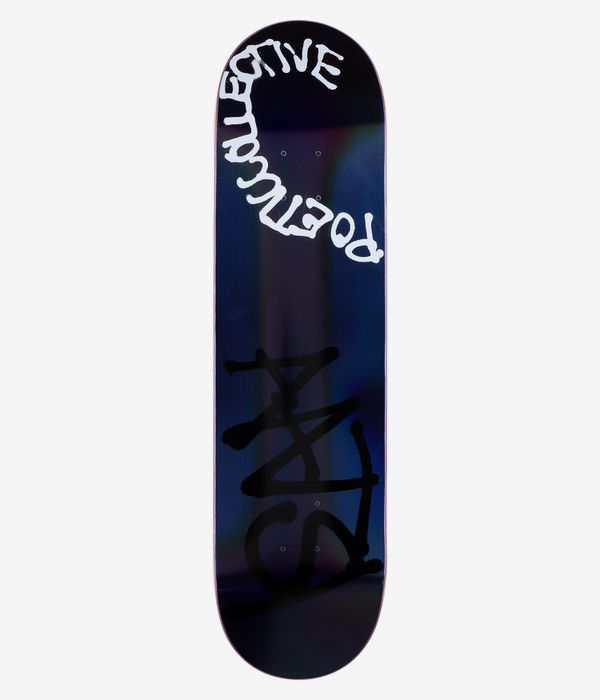 Poetic Collective Aatsi Spray 8.25" Skateboard Deck full bottom view — black deck with iridescent purple-blue edge gradient, large white arched “Poetic Collective” text at nose and bold black graffiti script down center. Clean studio image; white background.