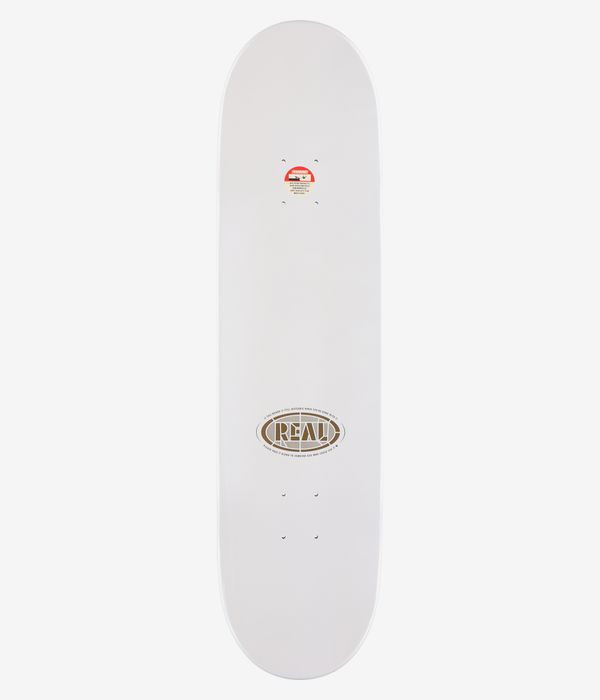 Real Ishod Cathedral Twin Tail 8,25"-Skateboard-Deck, Ansicht von oben: durchgehend weiße Oberfläche ohne Muster, kleines beiges ovales Real-Logo unten in der Mitte und ein kleiner roter Aufkleber oben. Sauberes Studiobild; weißer Hintergrund.