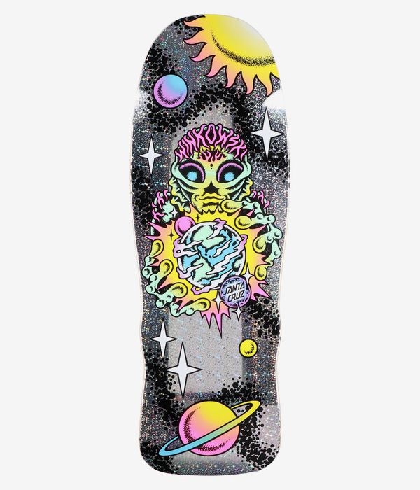 Santa Cruz Winkowski Cosmic Pro Shaped 10.35" Skateboard Deck, full bottom view: sparkly grey/silver background with black speckled noise, colorful cartoon alien holding a planet with yellow, pink, blue and turquoise accents and visible Santa Cruz circular logo. Clean Studio image; white background