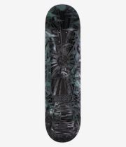 Planche de skateboard Real Mason « Black Sunday Cathedral » de 8,25 pouces, vue de dessous – planche noire avec un motif illustré de style vitrail : motif central représentant un soleil, feuilles vertes aux couleurs atténuées, textures de pierre grise, logo « Real » à peine visible. Image studio nette ; fond blanc.