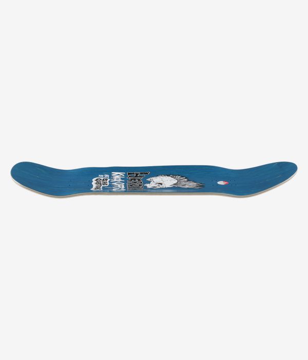 Heroin Skateboards Dead Dave KO2 Mummy 10.125" skateboard deck, full-length profile view showing concave, nose and tail; medium blue deck with white and black center graphics; clean studio image; white background.