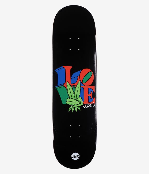 Jart Stay High Love Weed 8.5" Skateboard Deck, full bottom view: solid black deck with centered bold graphic—overlapping red and blue block letters topped by a stylized green cannabis leaf and small white “Weed” script. Clean studio image; white background.