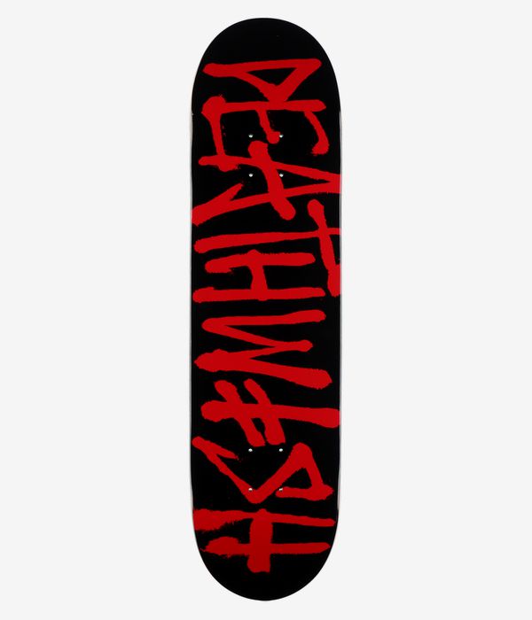 Deathwish Deathspray CC 8,25" Skateboard-Deck – Ansicht von unten: schwarze Deckunterseite mit großem, auffälligem roten Schriftzug/Logo im Spray-Paint-Stil, das vertikal in der Mitte verläuft; klares Studiobild; weißer Hintergrund