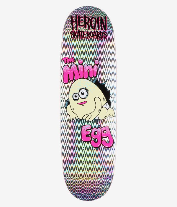 Heroin Skateboards Mini Egg Holographic 8.38" Skateboard Deck, full bottom view: white deck with holographic rainbow zigzag waves, central cream cartoon egg and pink bubble text reading 'The Mini' and 'Eggs', black Heroin Skateboards logo at top. Clean Studio image; white background.
