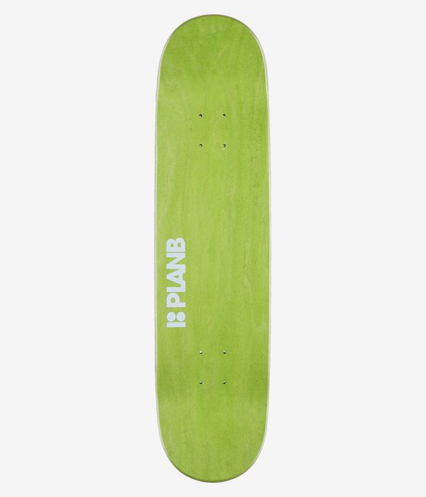 Plan B Joslin Grizz Twintip 8" Skateboard Deck, full top view: solid lime deck with subtle wood-grain texture and small white "Plan B" wordmark near one end. Clean studio image; white background.