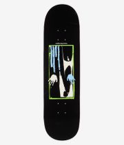 Planche de skateboard Polar Herrington Hands Off 8,5 pouces, vue de dessous : planche noire unie avec, au centre, un motif encadré de vert citron représentant une silhouette humanoïde blanche, des mains bleu clair et blanches, des traits de pinceau bleus verticaux et l'inscription « Aaron Herrington ». Image studio nette ; fond blanc