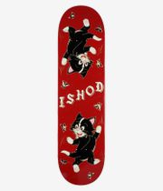Real Ishod Kitten Scratch Twin Tail 8,25"-Skateboard-Deck, Ansicht von unten: einheitlich rote Unterseite mit großen schwarz-weißen Comic-Katzen, rosa Akzenten, cremefarbenem „ISHOD“-Schriftzug und kleinen Blumen- und Schmetterlingsmotiven. Sauberes Studiobild; weißer Hintergrund