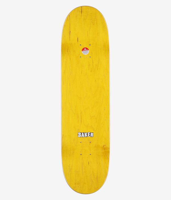 Planche de skateboard Baker Jacopo Brand Logo Tiger Stripe Twin 8,38", vue de dessus complète : finition jaune vif uniforme avec un léger effet bois, petit logo « Baker » blanc centré avec un contour noir et un petit autocollant circulaire rouge et blanc. Image studio nette ; fond blanc.