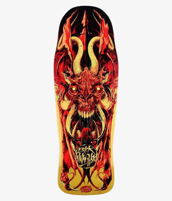 Planche de skateboard Santa Cruz Winkowski Primeval Pro Shaped 10,34", vue de dessous montrant un crâne démoniaque illustré, principalement rouge, avec des cornes, des flammes jaune-orange, des contours noirs, la signature circulaire d'Erick Winkowski et un petit logo Santa Cruz. Image studio nette ; fond blanc.