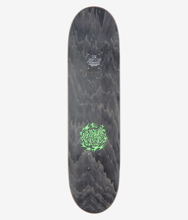Santa Cruz Scribble Head FeelBase 8"-Skateboard-Deck, Ansicht von oben: dunkelgrau gebeizte Oberfläche in Holzoptik mit einem mittig angeordneten, neongrünen, kreisförmigen Scribble-Logo und einem kleinen weißen „FeelBase“-Schriftzug oberhalb der Mitte. Klares Studiobild; weißer Hintergrund