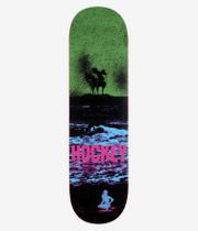 Planche de skateboard HOCKEY Allen Nuclear Spraytan Shape n° 1, 8,5 pouces, vue de dessous complète — fond noir avec un ciel parsemé de taches vertes et des silhouettes d’arbres en haut, motif de vague bleu/violet, grand lettrage « HOCKEY » en magenta, petite silhouette cyan en bas. Image studio nette ; fond blanc.