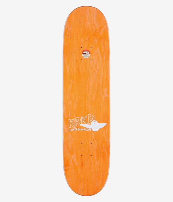 Planche de skateboard Krooked Kamo Wheel Wells 8,25 pouces, vue de dessus complète : surface imitation bois teintée en orange avec un petit logo KRKD blanc, l'inscription « Skate Boarding » et une forme abstraite blanche simple centrée en bas ; image épurée prise en studio ; fond blanc