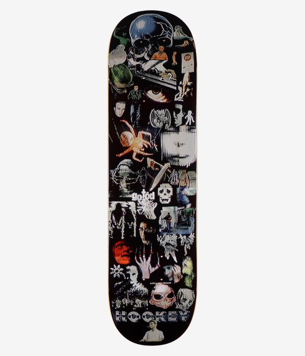 HOCKEY Todd Burguesa Shape n° 1, planche de skateboard de 8,25 pouces, vue de dessous : planche noire ornée d'un collage coloré — crâne teinté de bleu en haut, visages et crânes superposés, texte blanc et rouge comprenant le mot « HOCKEY » vers le bas au centre. Image studio nette ; fond blanc