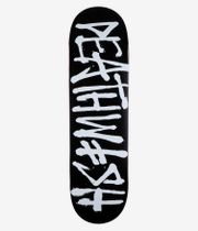 Deathwish Deathspray CC 8,75" Skateboard-Deck, Ansicht von unten: komplett schwarzes Deck mit großem vertikalem weißem Tag im Graffiti-Stil und Farbtropfen, die mittig über das Deck verteilt sind. Sauberes Studiofoto; weißer Hintergrund.