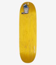 Planche de skateboard Polar Laurent « Trash Can Eyeball » 8,85 pouces, vue de dessous : planche jaune à motif bois avec, au centre, un motif de poubelle de style bande dessinée représentant une créature aux yeux bleus, une poubelle blanche et grise, des contours noirs et une petite touche de rouge ; inscription « Emile Laurent » sur le côté droit. Image studio nette ; fond blanc