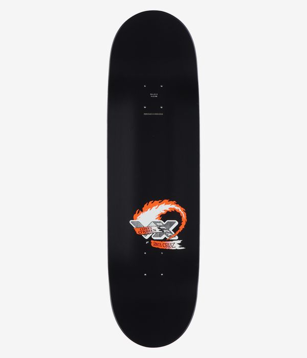 Santa Cruz OBrien Reaper Hand VX 9" Skateboard Deck, full top view; solid black deck with small central orange flame and white/grey logo, red banner reading "Santa Cruz". Clean studio image; white background.