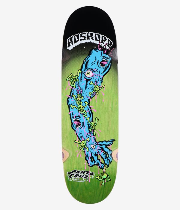 Santa Cruz Roskopp Screaming Arm Pro 9" Skateboard Deck, full bottom view — green stained wood-grain deck with bold cartoon blue screaming arm graphic, neon-green skulls, pink drips and white "Roskopp"/"Santa Cruz" logos. Clean Studio image; white background.