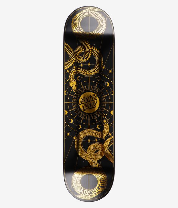 Planche de skateboard Santa Cruz McCoy Snakes VX 8,25 pouces, vue de dessous complète : planche noire ornée d'un grand serpent enroulé illustré en doré métallisé, d'un logo Santa Cruz circulaire au centre et de motifs étoile/lune ; image de studio nette ; fond blanc.