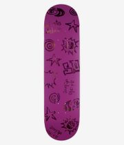 skatedeluxe Tonal Twin Tail 8.25" Skateboard Deck, full bottom view: bright purple underside with black cartoon-style stars, spirals and comic bursts, metallic gold highlights and handwritten "Skate Deluxe" text. Clean studio image; white background.