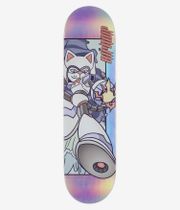 Planche de skateboard RIPNDIP Rokkunerm 8,25 pouces, vue de dessous — planche blanche avec des extrémités dégradées en rose, violet et bleu clair ; grand chat en armure dessiné au centre tenant un bouclier, motif de flammes jaune-orange à droite, inscription verticale « RIPNDIP ». Image de studio nette ; fond blanc.