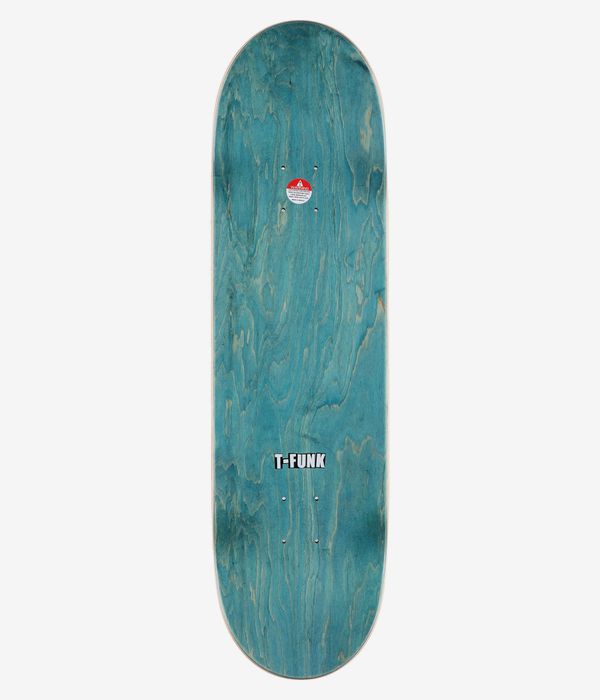 Baker T-Funk World Control 8.75" Skateboard Deck, full top view: turquoise-stained wood grain surface with visible natural wood tones and a small white 'T-FUNK' logo near lower center. Clean studio image; white background.