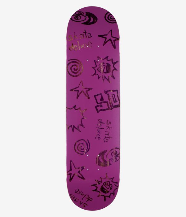 skatedeluxe Tonal Twin Tail 8.25" Skateboard Deck, full bottom view: bright purple underside with black cartoon-style stars, spirals and comic bursts, metallic gold highlights and handwritten "Skate Deluxe" text. Clean studio image; white background.