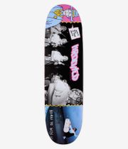 Planche de skateboard Krooked Team A-Hole Reissue Twin Nose 8,75 pouces, vue de dessous : fond noir avec des panneaux verticaux comportant des photos en noir et blanc, logo Krooked rose, photo d'un skateur en bleu en bas avec l'inscription « Born To Win », image de studio ; fond blanc.