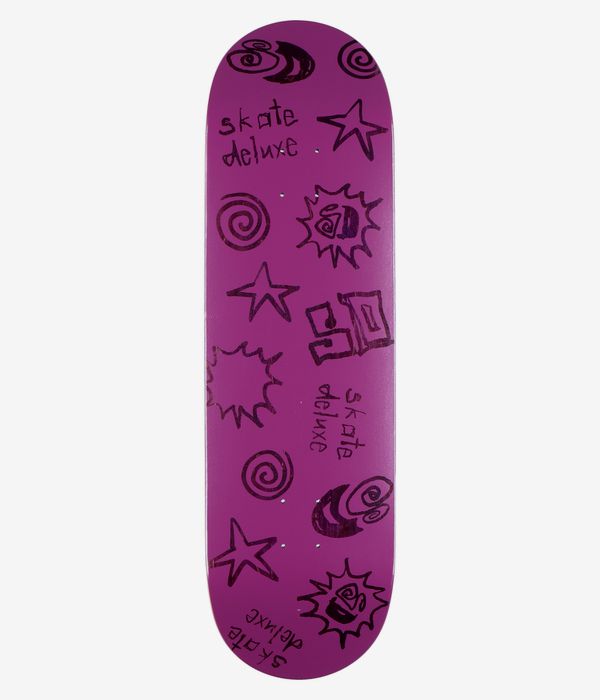 skatedeluxe Tonal Twin Tail 9" Skateboard Deck full bottom view — vivid purple deck with black hand-drawn doodles: stars, spirals, sunburst faces and handwritten “skate deluxe” text. Clean studio image; white background.