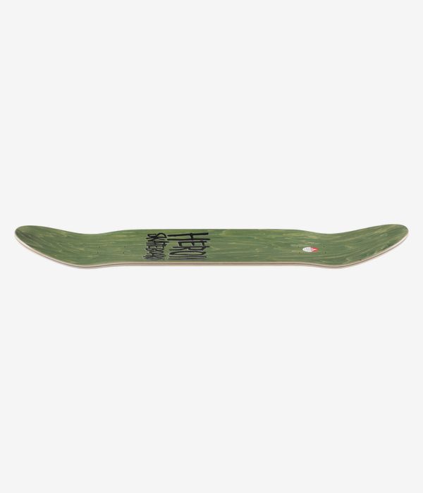 Heroin Skateboards 28 Eggs Later 9" skateboard deck in green profile view showing full-length concave with upturned nose and tail; white deck edge, black stencil text and small red tail mark. Clean studio image; white background