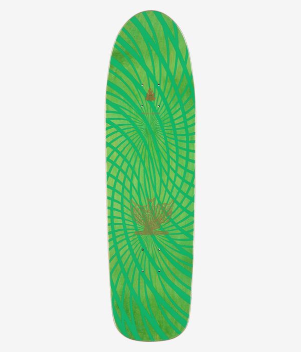 Creature Gravette Hippie Falls Pro 9"-Skateboard-Deck, Ansicht von oben: hellgrünes Deck mit auffälligem, radial verlaufendem, türkisfarbenem Spiralmuster und einem beigen Blumenemblem nahe der Mitte; klares Studiofoto, weißer Hintergrund