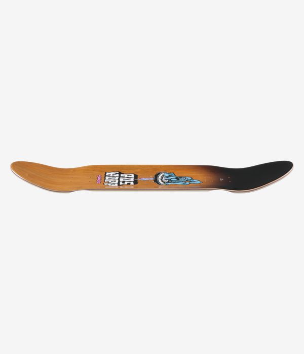 Santa Cruz Roskopp Screaming Arm Pro 9" skateboard deck, full-length profile view showing concave, nose and tail; natural wood grain center with black-painted tail/right side and blue-and-white graphic elements. Clean studio image; white background.