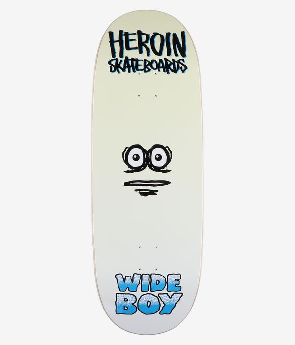Planche de skateboard « Wide Boy Face » 10,75 pouces de la marque Heroin Skateboards, vue de dessous : planche blanc cassé pâle avec, au centre, un visage de dessin animé aux contours noirs, le logo « Heroin Skateboards » en haut et le texte « Wide Boy » en bleu en grandes lettres. Image studio nette ; fond blanc.