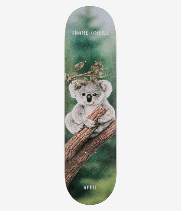 Planche de skateboard « April Shane O'Neill » de 8,125 pouces, vue de dessous complète sur fond vert dégradé, avec illustration d'un koala gris serrant dans ses bras une branche marron au grain de bois ornée de feuilles d'eucalyptus, et les inscriptions « Shane O'Neill » et « April » en blanc. Image de studio nette ; fond blanc.