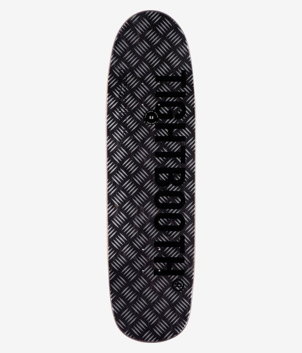 Tightbooth CP Logo Cruiser 8.8" Skateboard Deck, full bottom view: black deck with light-blue and white diagonal diamond/checkered pattern, large vertical black "Tightbooth" lettering and small circular 8.8 badge. Clean Studio image; white background.