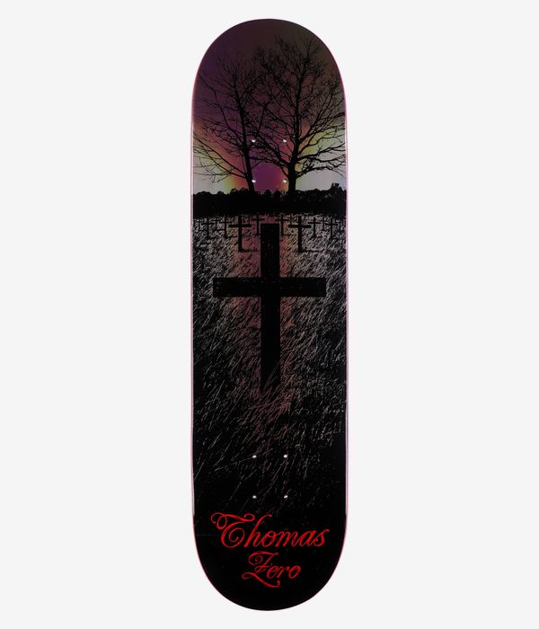 Zero Thomas „Life And Death“ 8,25"-Skateboard-Deck, Ansicht von unten: schwarze Deckunterseite mit illustrierter Friedhofsgrafik – blattlose Bäume, zahlreiche Grabkreuze, strukturierter Boden und roter „Thomas Zero“-Schriftzug am Tail. Sauberes Studiobild; weißer Hintergrund.