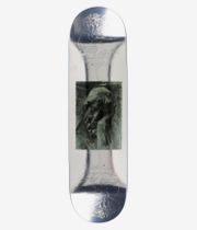 Poetic Collective Thinking About You 8.5" Skateboard Deck, full bottom view: white reflective deck with centered rectangular photographic green-toned statue bust and subtle tone-on-tone embossed floral outlines. Clean studio image; white background