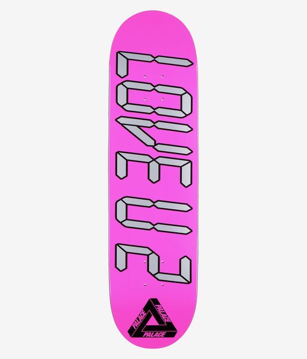 PALACE LUV U 2, planche de skateboard de 8,375" : vue de dessous complète. Planche rose vif ornée, au centre, de grandes lettres cubiques blanches et grises en relief, soulignées de noir, ainsi que d'un logo PALACE triangulaire noir près du tail. Image studio épurée ; fond blanc.
