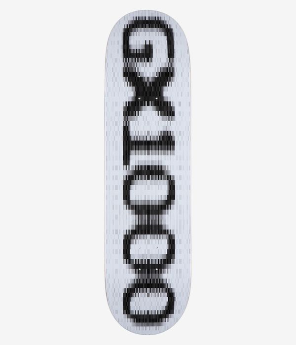 GX1000 OG Logo Blur 8.25" Skateboard Deck, full bottom view: white deck underside with a large vertical blurred black GX1000 wordmark stacked along center; bold monochrome graphic. Clean Studio image; white background.